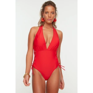 Trendyol Red Tie Detailed Deep V Neck Swimsuit