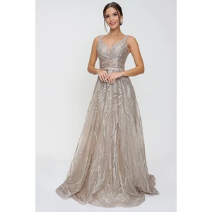 By Saygı Glittery Ghost and Tulle Princess Evening Dress Gold