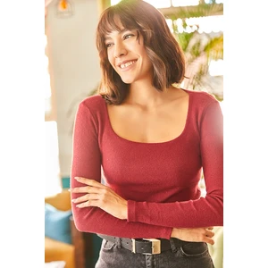 Olalook Women's Claret Red Square Collar Lycra Crop Blouse