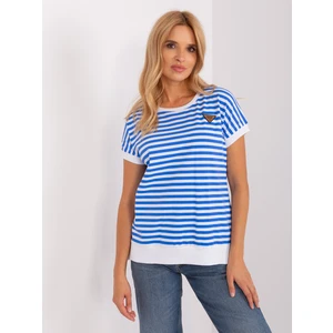 Navy blue and white striped blouse with short sleeves