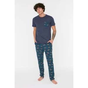 Trendyol Navy Blue Men's Regular Fit Printed Knitted Pajamas Set