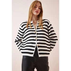 Happiness İstanbul Women's Ecru Black Padded Striped Knitwear Cardigan