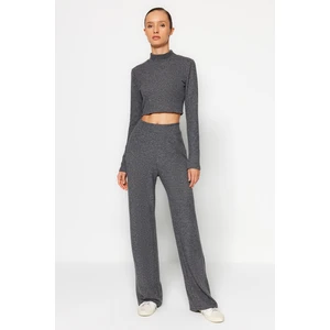 Trendyol Anthracite Stand-Up Collar, Soft Crop and Wide Leg/Wide Leg Knitted Top-Top Set