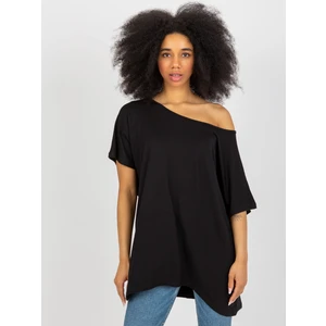 Basic black viscose blouse with bateau neckline