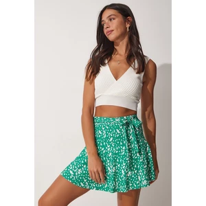 Happiness İstanbul Women's Green Belted Patterned Mini Viscose Shorts Skirt