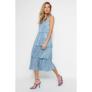 Trendyol Limited Edition Blue Premium Strap Pleated A-Line Sleeveless Midi Knit Dress