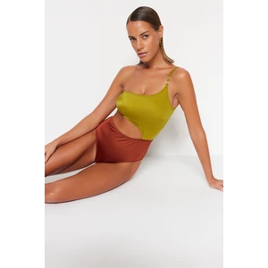 Trendyol Brown One-Shoulder Color Block Regular Leg Swimsuit