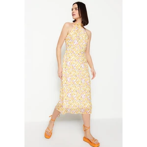 Trendyol Floral Patterned Ecru Midi Dress With Lining And Woven