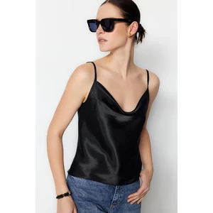 Trendyol Black Satin Satin with Woven Straps, Tie Back Plunger Collar Blouse