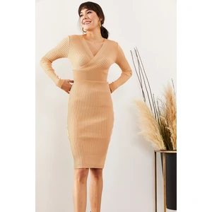 Olalook Women's Beige Double Breasted Sweater Dress