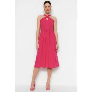 Trendyol Fuchsia Waist Opening Midi Woven Collar Detailed Dress