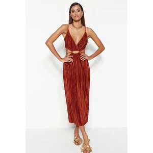 Trendyol Cinnamon Open Waist/Skater Window/Cut Knitted Evening Dress with Detailed Piping