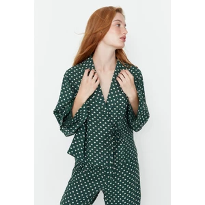 Trendyol Green Heart Pattern Viscose Woven Pajamas Set with Lace-Up Detail