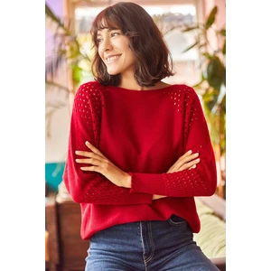 Olalook Women's Red Openwork Bat Oversize Knitwear Sweater