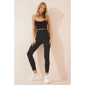 Happiness İstanbul Women's Black High-waisted Nanofit Leggings with a Corset Effect