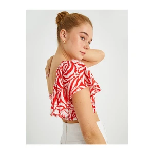 Koton Ruffled Crop Blouse with Shirring Detail Short Sleeves.