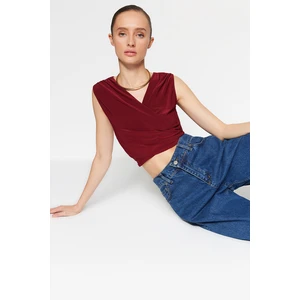 Trendyol Claret Red Drape Detailed, Double Breasted Collar Crop, Stretchy Knitted Blouse