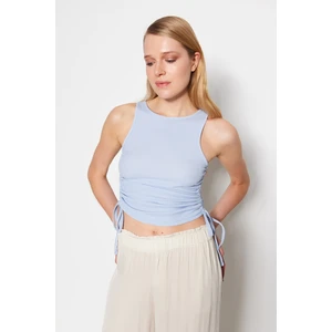 Trendyol Light Blue Shirring Detail Crescent Fabric Crop Knitted Blouse