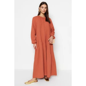 Trendyol Cinnamon Shirred Detail 100% Cotton Muslin Wide Fit Lined Woven Dress