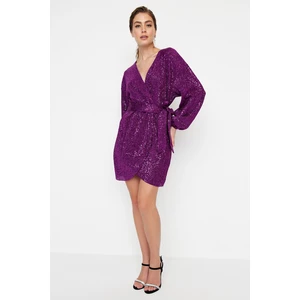 Trendyol Purple Belted Sequin Evening Dress