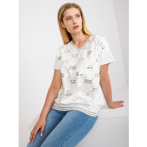 White blouse of larger size with print and application