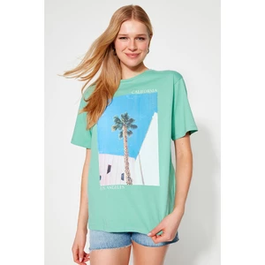 Trendyol Mint 100% Cotton Palm Print Boyfriend Fit Crew Neck Knitted T-Shirt