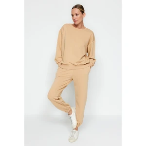 Trendyol Beige Regular/Normal fit Basic Low Shoulders Thick Knitted Tracksuit Set