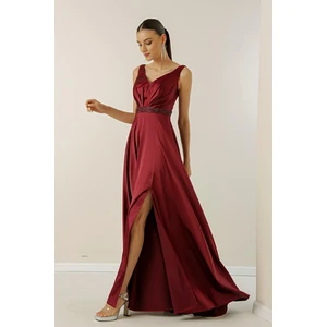 By Saygı V-Neck Wide Straps, Bead-lined Waistline, Wide Body Evening Long Satin Dress