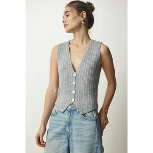 Happiness İstanbul Women's Gray Striped Raised Knitwear Vest