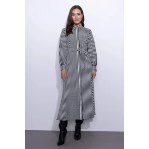 DEFACTO Shirt Collar Striped and Belted Long Sleeve Poplin Maxi Dress