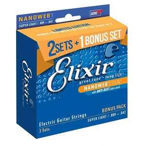 Elixir 16540 Nanoweb Super Light 9-42 3 Pack Set Electric Strings