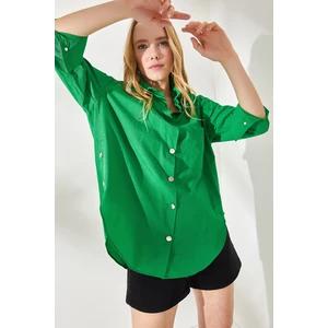 Olalook Women's Grass Green Oversized Woven Shirt with Buttons at the Sides