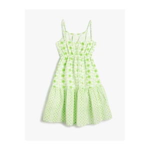 Koton Girl's Dress with Flowers and Thin Straps Lined, Ruffled Gathered Waist.