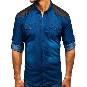 Tmavě modrá pánská vzorovaná košile s dlouhým rukávem Bolf 0517