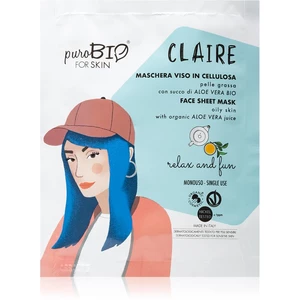 puroBIO Cosmetics Claire Relax and Fun plátýnková maska s hydratačním a zklidňujícím účinkem s aloe vera 15 ml