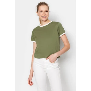 Trendyol Khaki 100% Cotton Pile Detail Crop Crew Neck Knitted T-Shirt