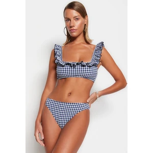 Trendyol Navy Blue Gingham Textured Bralette Flounces Bikini Top