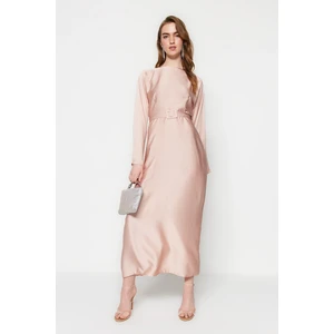 Trendyol Light Pink Belted Satin Evening Dress