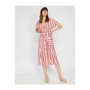 Koton Midi Striped Dress with Women's Red Pocket Detail Short Sleeves Tie Detail