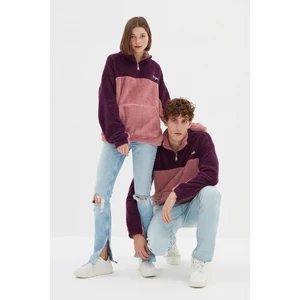 Trendyol Purple Unisex Oversize Standing Collar Zippered Color Block Color-blocked Minimal Embroidery Warm Plush Sweatshirt.