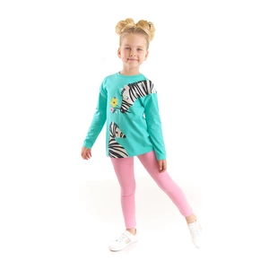 Denokids Floral Zebra Girl's Turquoise T-shirt with Pink Leggings Set.