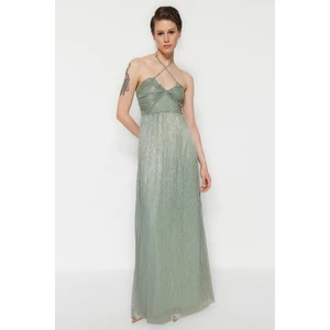 Trendyol Mint Long Evening Dress that Opens at the Waist/Skater Lined, Shimmering