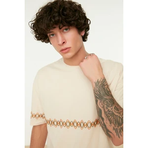 Trendyol Stone Men's Oversize Crew Neck Short Sleeve Embroidered TShirt