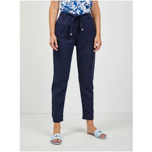 Dark blue shortened linen chino trousers with ORSAY binding - Women