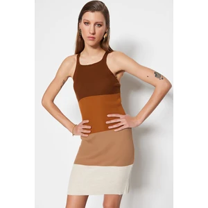 Trendyol Brown Mini Knitwear Color Block Dress