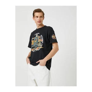 Koton Far East Printed T-Shirt with Back Detail, Crew Neck, Short Sleeves.