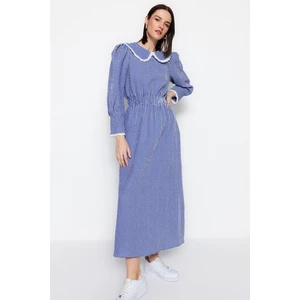 Trendyol Blue Gingham Textured Fabric Baby Doll Collar Waist Gipede Detailed Woven Dress