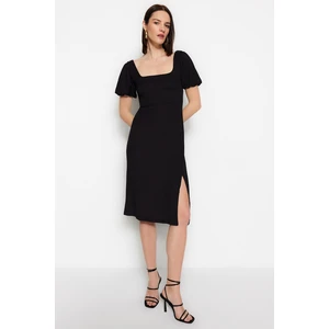 Trendyol Black Square Neck Balloon Sleeve A-Line Slit Detailed Midi Knitted Dress