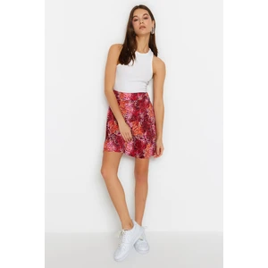 Trendyol Red Printed Open Waist/Skater Normal Waist Pleated Mini Knitted Mini Skirt