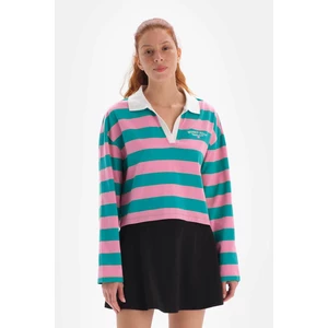Dagi Pink women's sweatshirt with a collar and stripes.